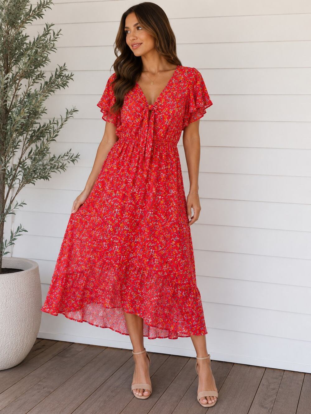 Easel Los Angeles Coral Floral Tie Front Midi Dress Size Large